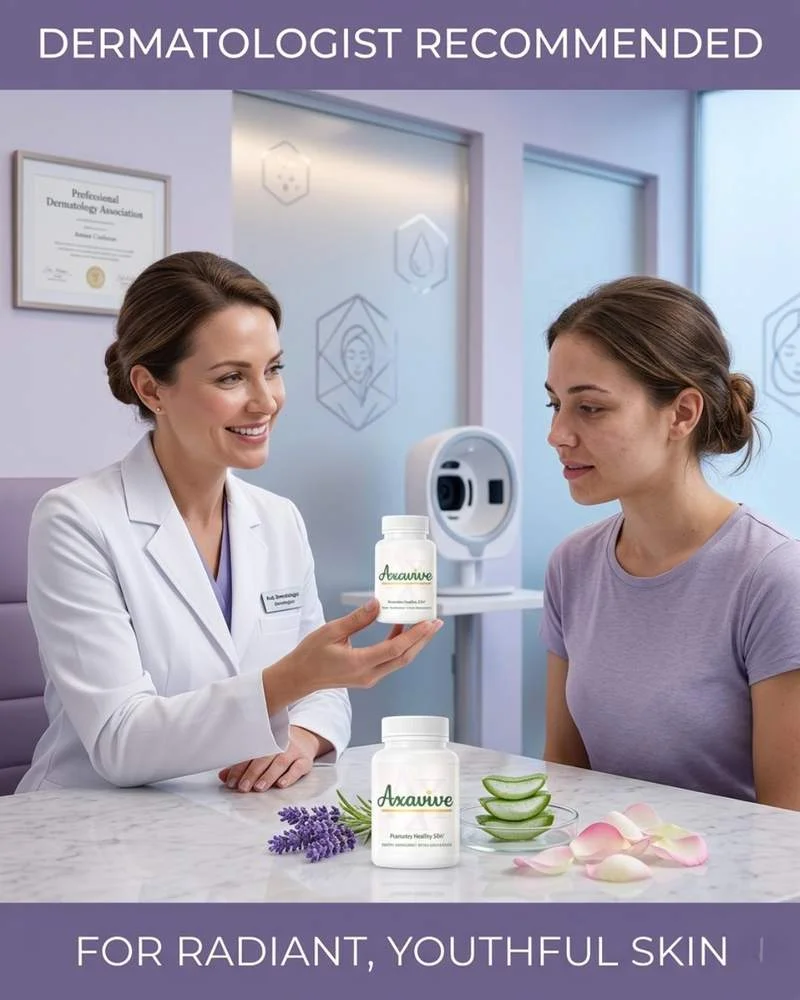 A female dermatologist presents an Axavive supplement bottle to a patient in a clinic for radiant, youthful skin.
