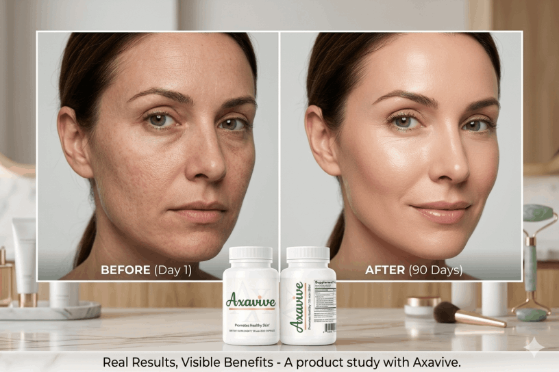 Before and after comparison of 90-day Axavive use showing visible improvements in skin texture, firmness, and radiance.
